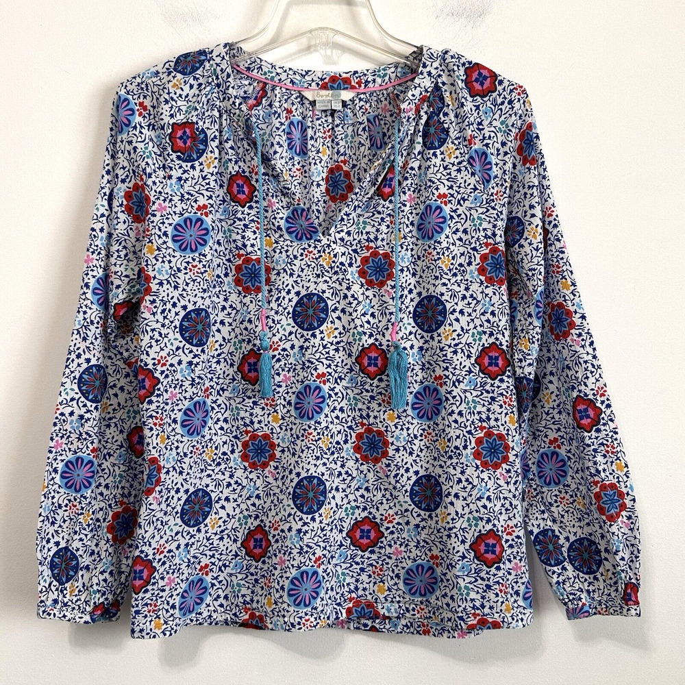 Boden Gauzy Boho Peasant Blouse 4 White Mosaic Floral Popover Top Shirt WA790‎